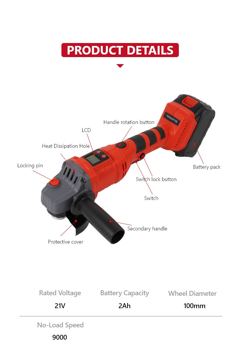 21V 100mm LCD Cordless Angle Grinder