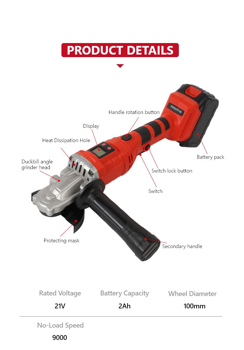 21V 100mm Duckbill Cordless Angle Grinder