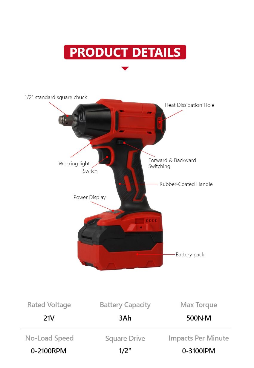 21V 500N•m Cordless Impact Wrench