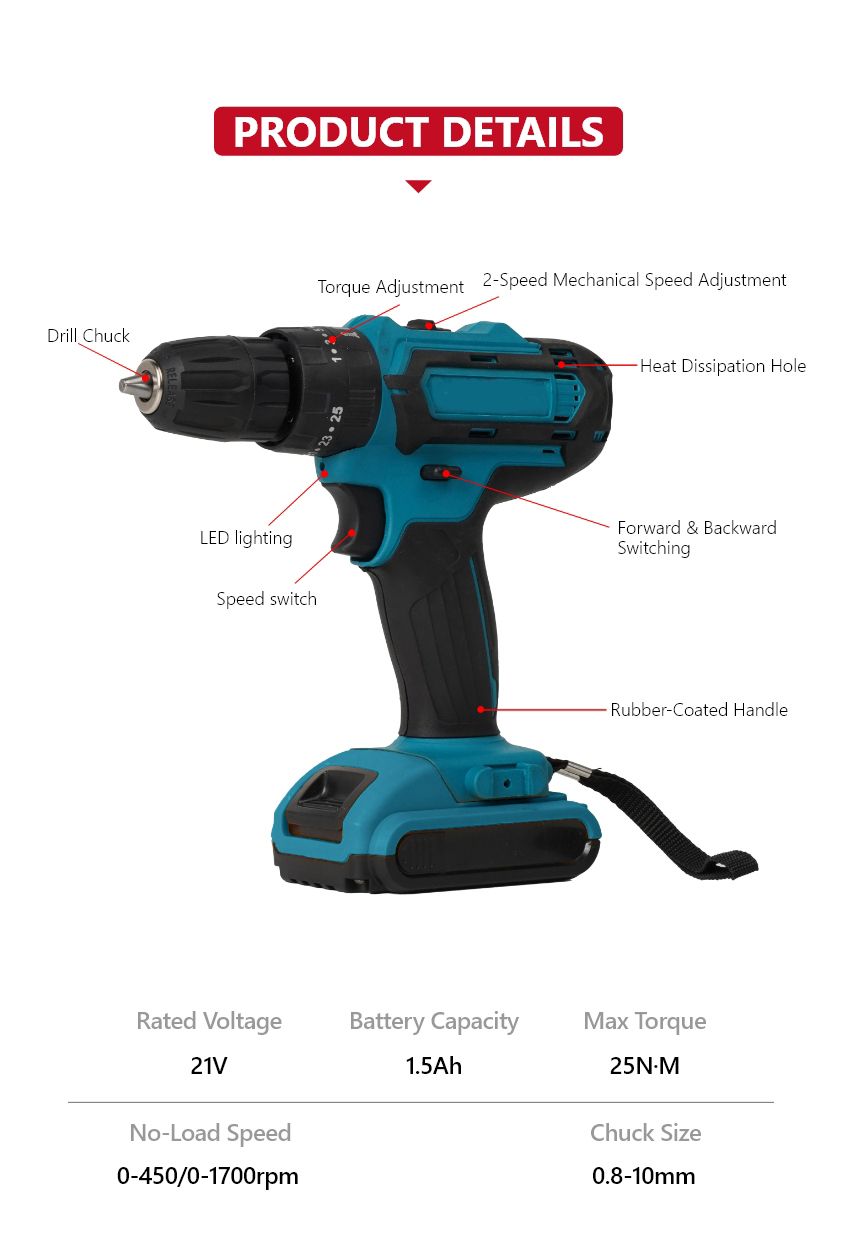 21V 25N•m Brush Cordless Impact Drill